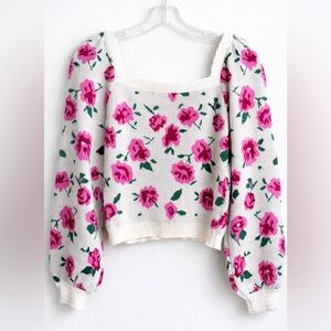 Willow & Wind Floral Puff Sleeve Sweater Pink Roses Cottagecore Size S